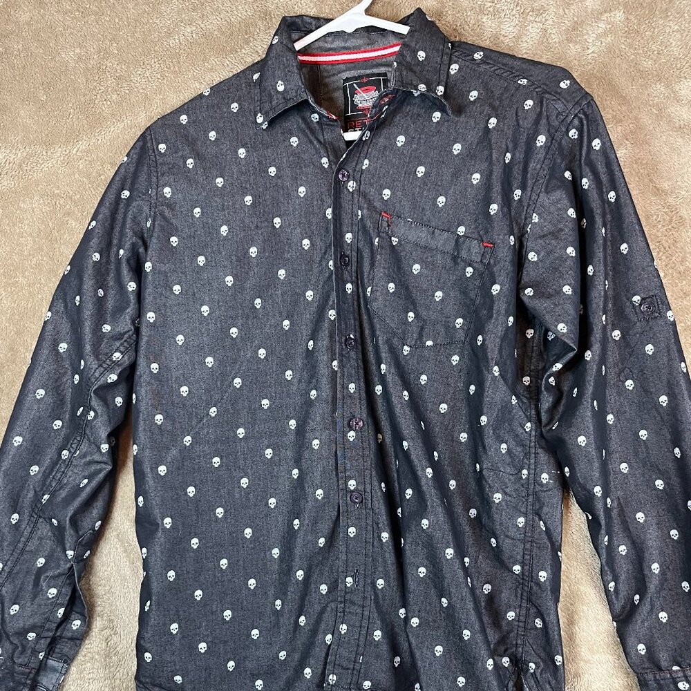 Retro Stitch Mens Shirt Long Sleeves Button Up All Over Skull Print Gray Medium